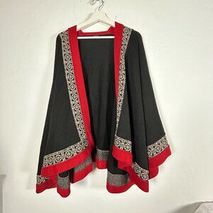 Novica Women's Black Red Alpaca Wool Poncho Cardigan Sweater Artisan Knit Cozy